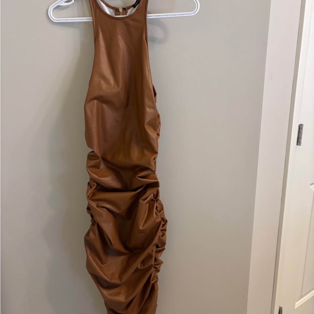 Brown Faux Leather Ruched Bodycon Dress